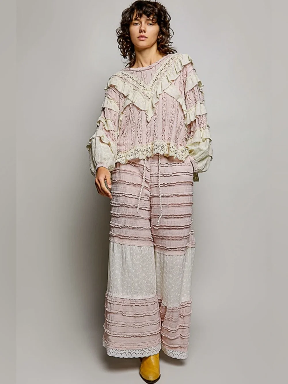 POL Blush Pink Top with Cream Eyelet Ruffles